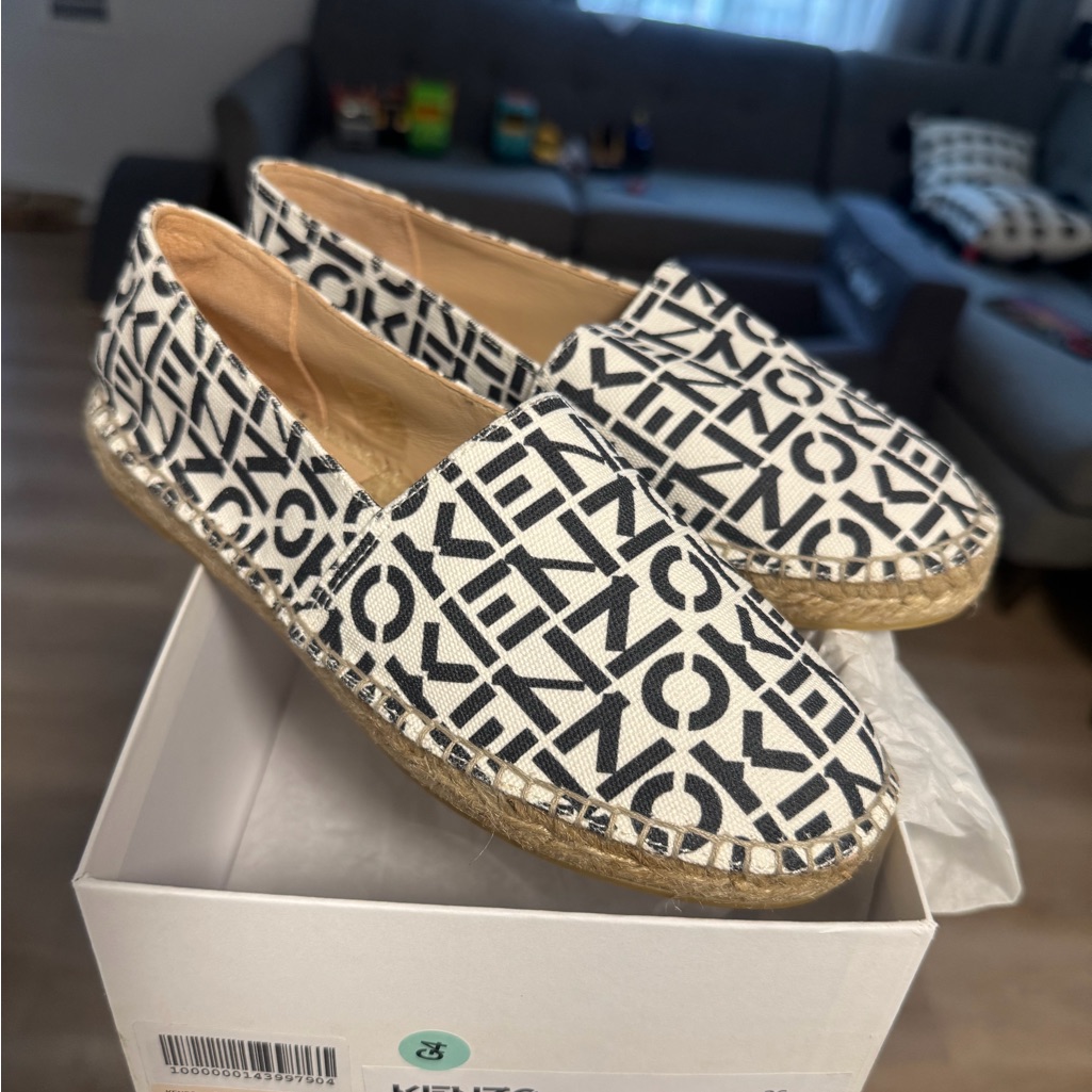 New Kenzo Women's Logo Print Espadrille Flats White Black Size 6 Womens
